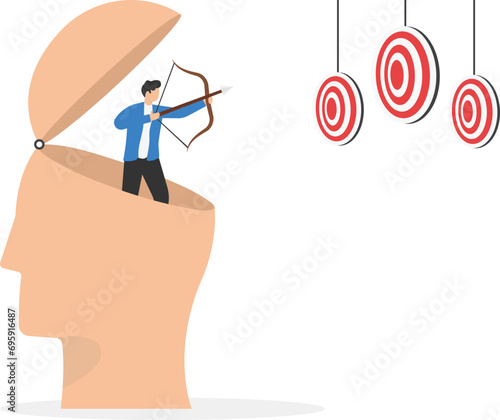 Success mindset, attitude to achieve goal or target, challenge to succeed in work, growth mindset or thought leader and determination concept, courage businessman archery aiming bot to hit target.

