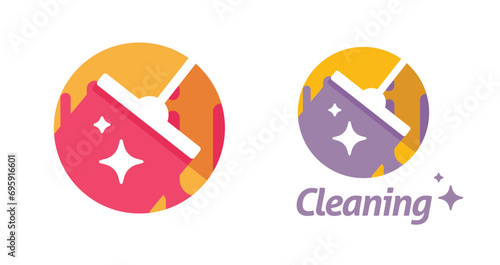 Cleaning logo service icon vector graphic design, mop wash shine flat carton circle round logotype template, vacuum cleaner maintenance abstract modern image clipart