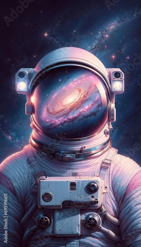 Vivid galaxy reflects in the visor of an astronaut's helmet, blending space imagery with portrait realism