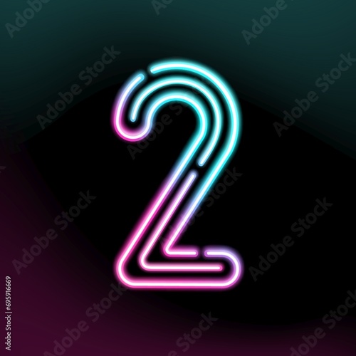 Glowing neon number 2 design,isolated on black background 