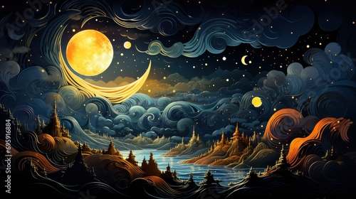 Fototapeta Naklejka Na Ścianę i Meble -  Islamic Moon Sky On Dark Blue, Background Banner HD, Illustrations , Cartoon style