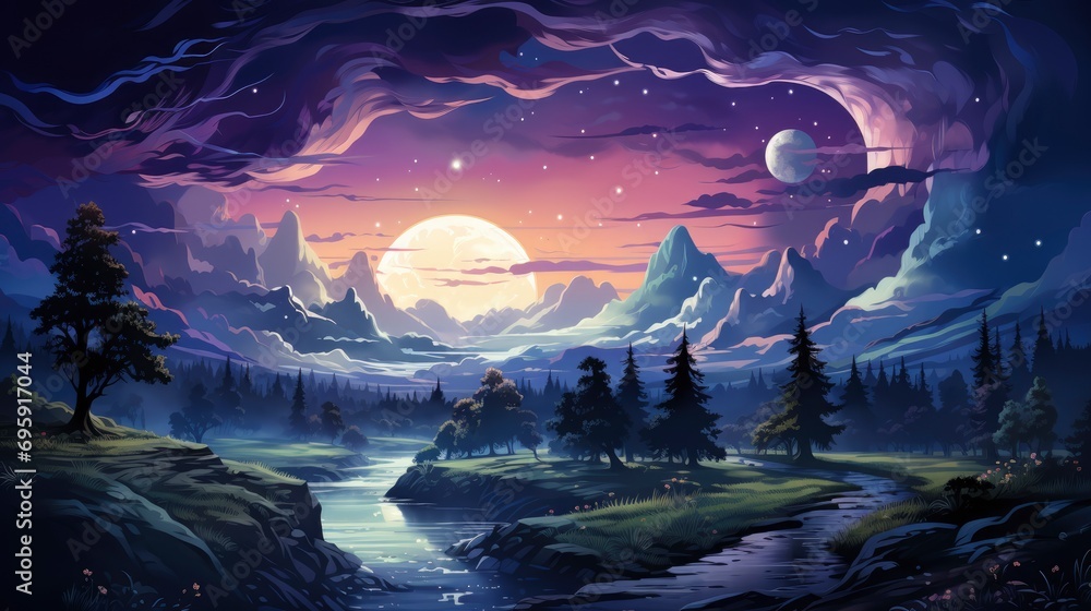 Landscape Gradient Blue Purple Milky Way, Background Banner HD, Illustrations , Cartoon style