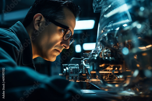 Engineer examining AI technology with reflection on eyeglasses