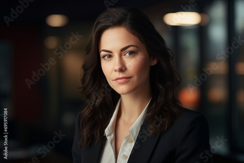 Business  young woman  formal suit  in a modern office setting