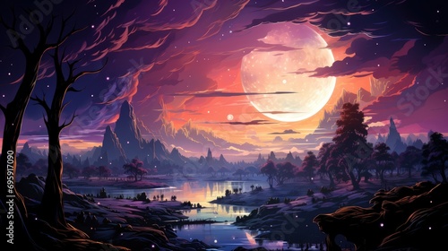 Landscape Gradient Blue Purple Milky Way, Background Banner HD, Illustrations , Cartoon style © Alex Cuong