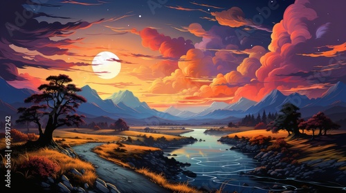 Landscape Sunset Cirrus Clouds Tragic Gloomy, Background Banner HD, Illustrations , Cartoon style