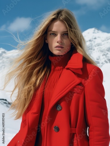 Fashionable woman showcasing a stylish red winter coat and knitwear with an impressive snowy mountain landscape