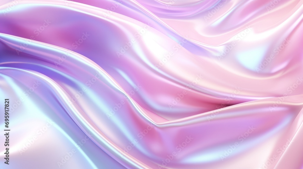 flow of color Close-up of ethereal pastel neon pink purple lavender mint holographic metallic foil background. Abstract modern curved blurred surreal futuristic disco - obrazy, fototapety, plakaty 