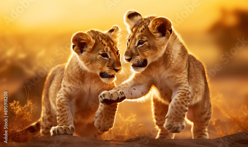 Close up of two cute playful lion cubs