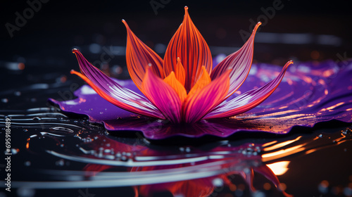 Surreal image of vibrant flower floating on water, suitable for concepts of creativity and serenity