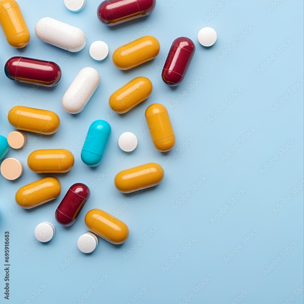 medicines are multicolored capsules on a blue background. the concept of healthcare and medicine