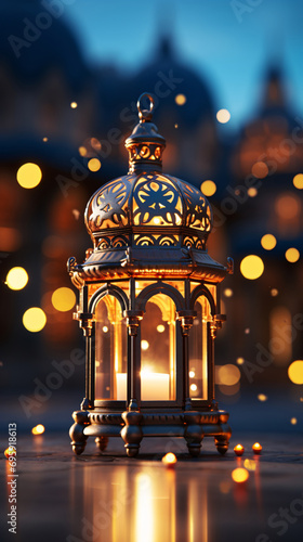 An elegant Arabic lantern illuminated by a flickering flame at night. A festive greeting card and invitation for the Muslim holy month of Ramadan Kareem.