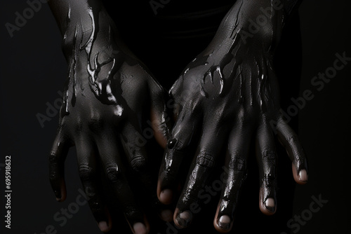 Front view of hands with black paint