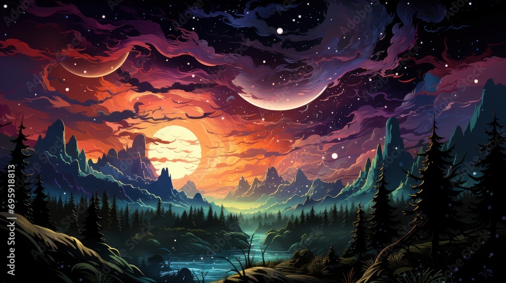 Milky Way Arc Stars Night Sky, Background Banner HD, Illustrations , Cartoon style