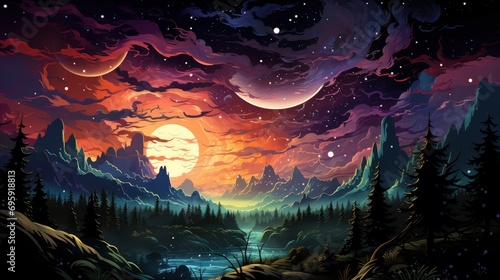 Milky Way Arc Stars Night Sky, Background Banner HD, Illustrations , Cartoon style