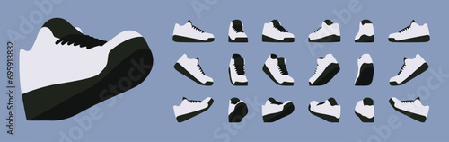 White male sneaker black platform shoe, sport set for running, walking performance. Athletic gym footwear, accessory. Health, wellness, physical education fitness cartoon illustration, different views