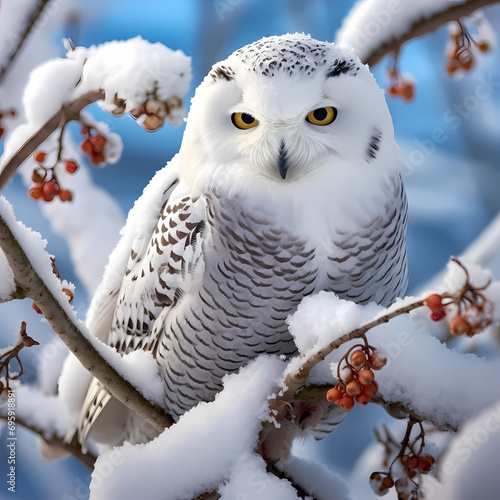 Majestic snowy owl perched on a snow-covered tree branch
