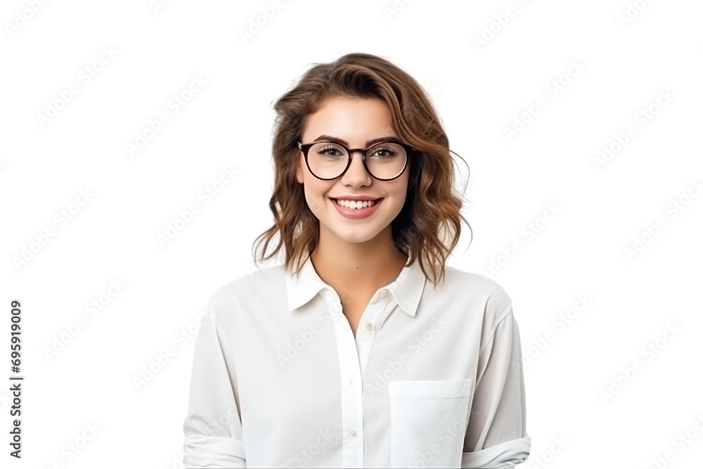Cinematic scene.Young girl with eyeglasses. Smiling. student clothes. white background PNG Cinematic scene.Young girl with eyeglasses. Smiling. student clothes. white background PNG