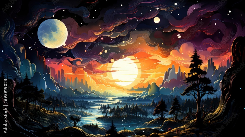 Obraz premium Milky Way Galaxy Visible During Night, Background Banner HD, Illustrations , Cartoon style
