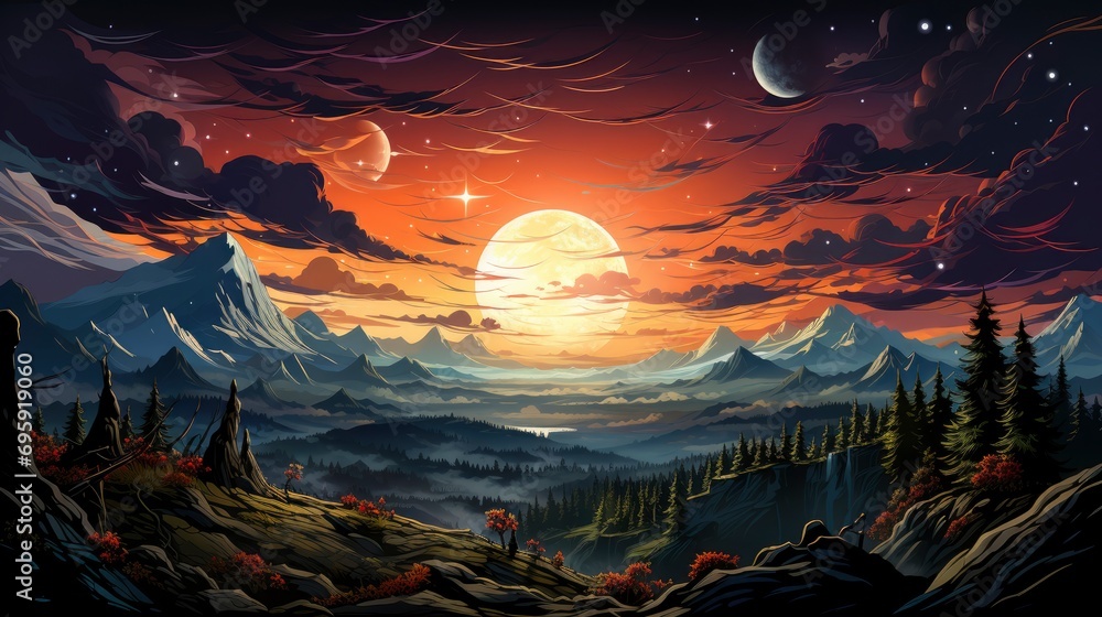 Obraz premium Milky Way Over Mountains, Background Banner HD, Illustrations , Cartoon style