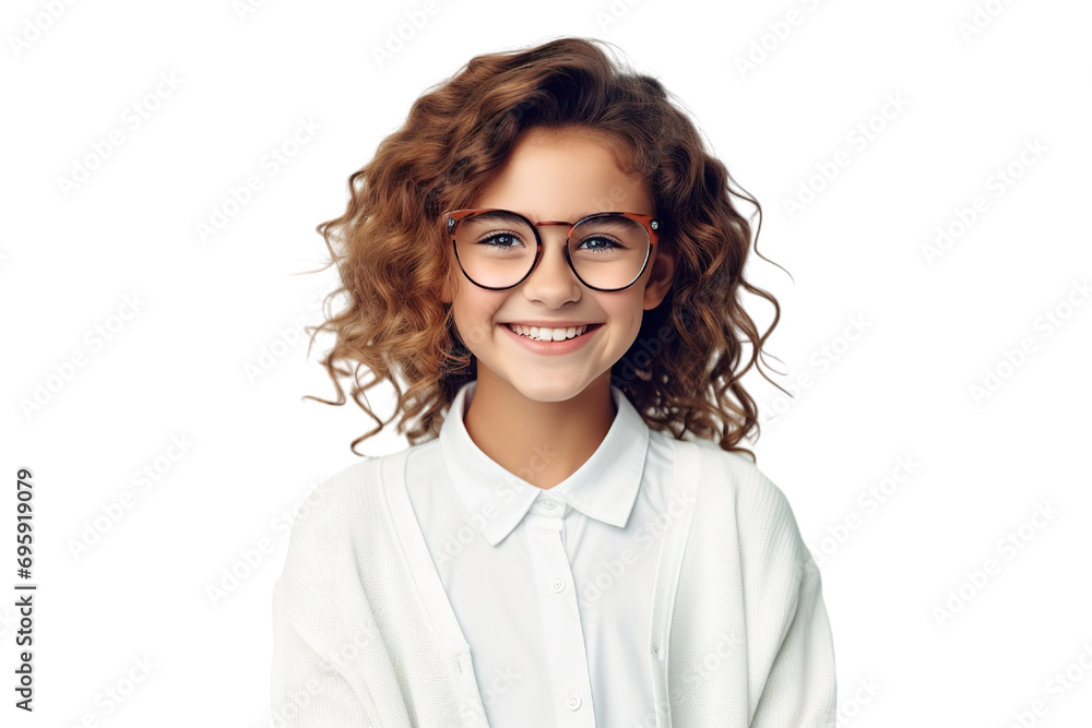 Cinematic scene.Young girl with eyeglasses. Smiling. student clothes. white background PNG