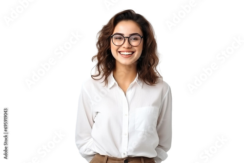 Cinematic scene.Young girl with eyeglasses. Smiling. student clothes. white background PNG