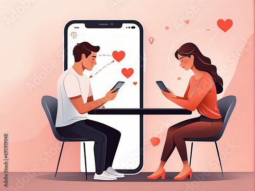 illustration of a man and woman using a dating app and finding love. Long-distance relationship concept photo