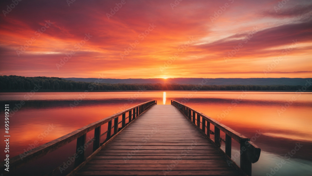 colorful sunset over a lake with a bridge. generative AI