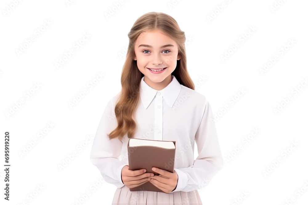 Cinematic scene.Young girl holding book. Smiling. student clothes. white background PNG Cinematic scene.Young girl holding book. Smiling. student clothes. white background PNG