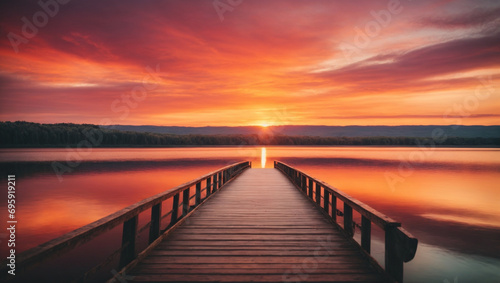 colorful sunset over a lake with a bridge. generative AI