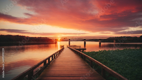 colorful sunset over a lake with a bridge. generative AI © Oleksandr