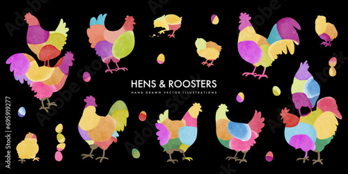 Set of hand drawn cute cartoon watercolor hens and roosters isolated on black background. Colorful silhouette chicken collection. Farm bird. Vector illustration