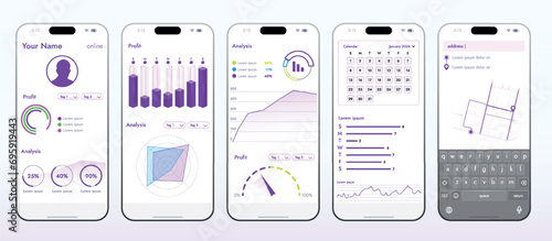This image shows the concept of a mobile app for online services such as banking and shopping. Modern smartphone layout, easy to interact with various functions.