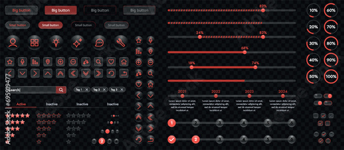 The picture shows a modern interface for a website or mobile application. Design elements include buttons, icons, and components.