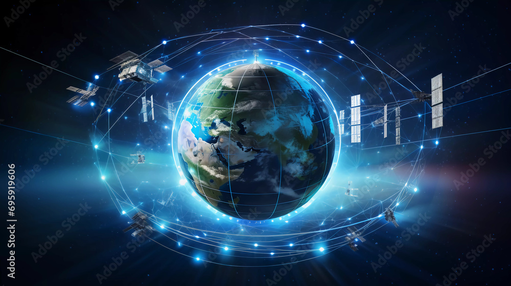 telecom communication satellite orbiting around the globe earth with futuristic technology datum hologram information for online and internet connection and gps space orbit services banner 