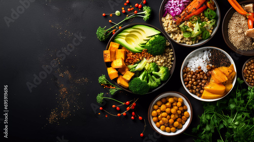 Vegan buddha bowl with sweet potato, quinoa, chickpeas, soybeans edamame, tofu, corn, cabbage, radish, broccoli and seeds, black table background, top view. Autumn or winter healthy vegetarian food photo