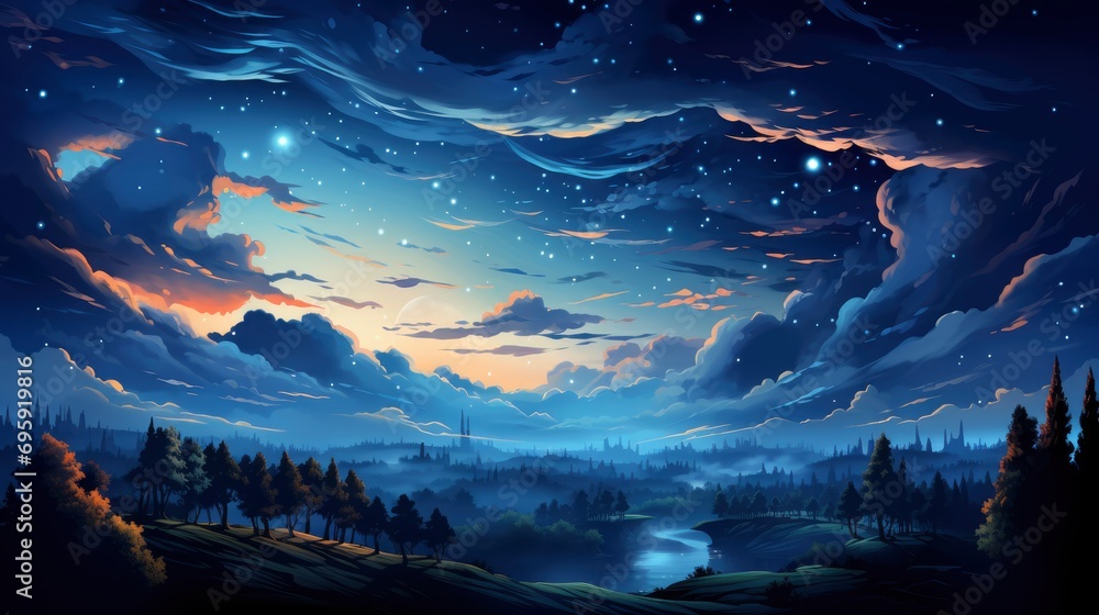 Night Sky Glowing Stars Background Backdrop, Background Banner HD, Illustrations , Cartoon style