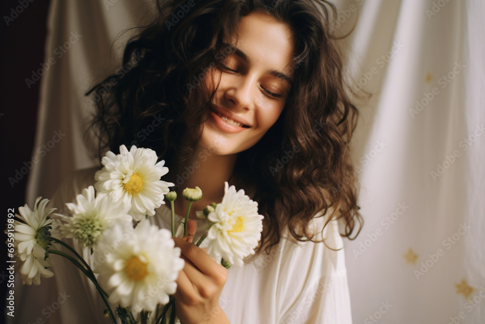 Good looking caucasian woman smells flowers she is happy for get a fresh bouquet of white chrysanthemum Good looking caucasian woman smells flowers she is happy for get a fresh bouquet of white chrysanthemum