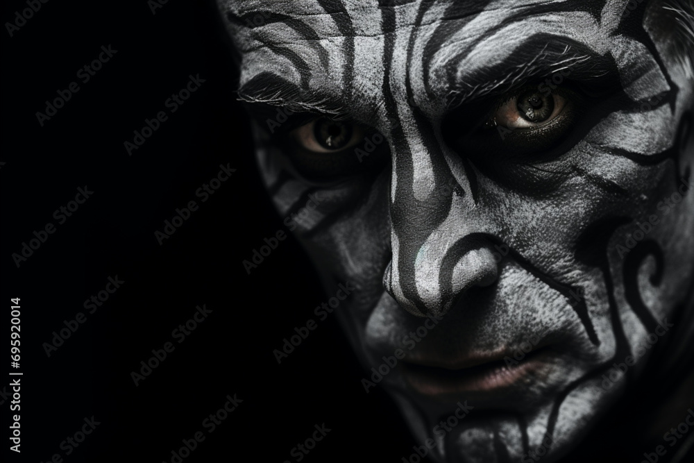Obraz premium Grayscale Photo of a Man with Face Paint