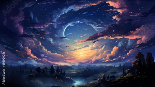 Night Sky Stars Milky Way Blue, Background Banner HD, Illustrations , Cartoon style