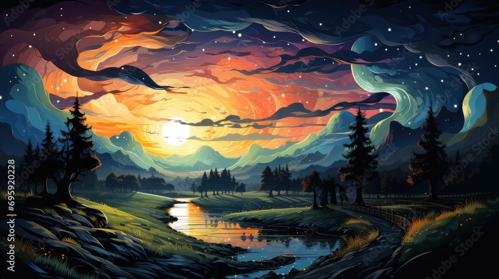 Fototapeta premium Nightly Sky Large Moo, Background Banner HD, Illustrations , Cartoon style