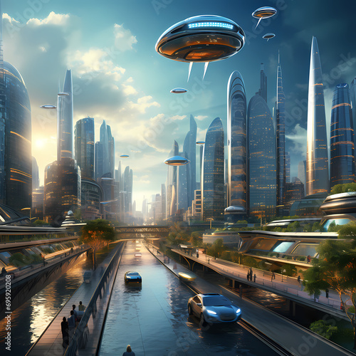 Futuristic cityscape with sleek skyscrapers and flying vehicles