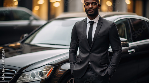 Portrait of a handsome successful African American businessman in a suit stands near the luxury business class black car