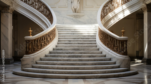A close-up of the grey marble staircase inside the house. Luxurious interior staircases between floors. Installation and repair of stone glossy staircase.