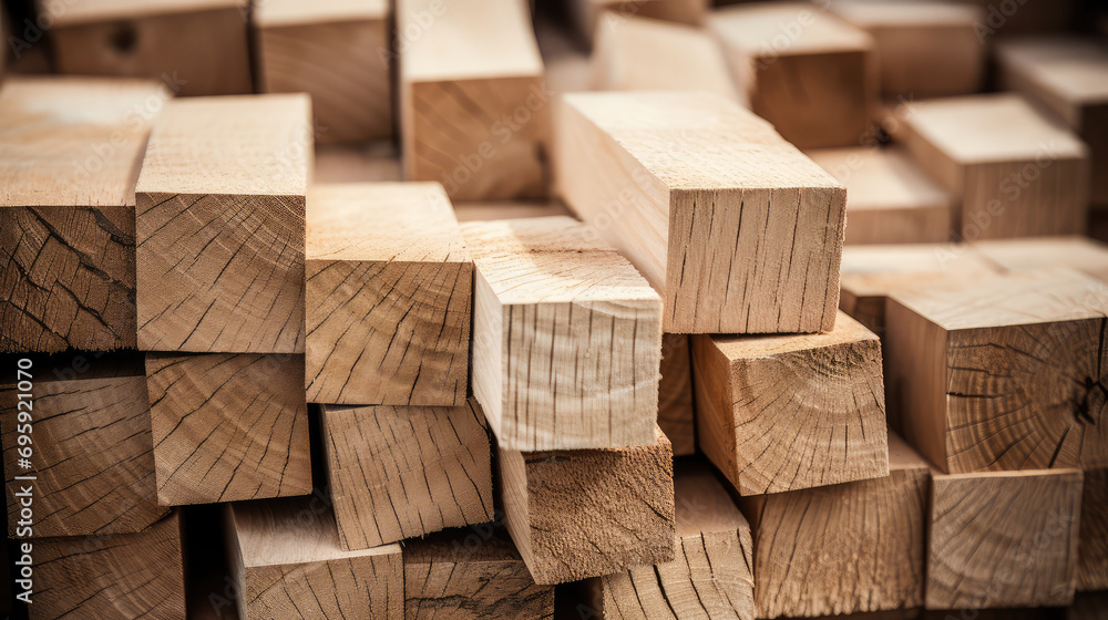 Close-up of Wooden boards, lumber, industrial wood billets, timber planks. Natural texture of Pine wood timber, background of building materials. Close-up of Wooden boards, lumber, industrial wood billets, timber planks. Natural texture of Pine wood timber, background of building materials.