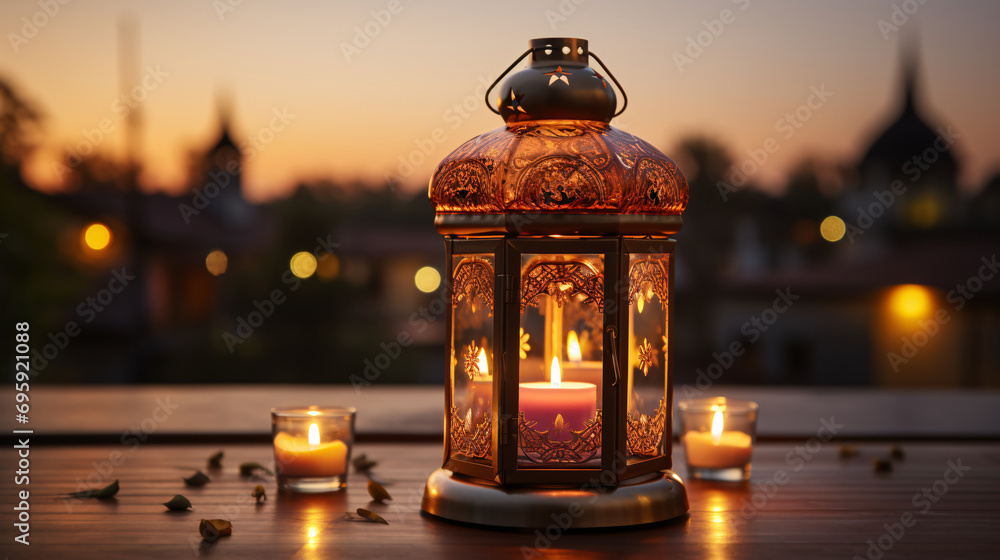 An elegant Arabic lantern illuminated by a flickering flame at night. A festive greeting card and invitation for the Muslim holy month of Ramadan Kareem. An elegant Arabic lantern illuminated by a flickering flame at night. A festive greeting card and invitation for the Muslim holy month of Ramadan Kareem.