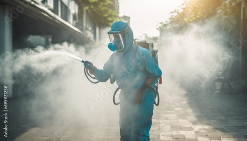 A man in a hazmat suit spraying something photo