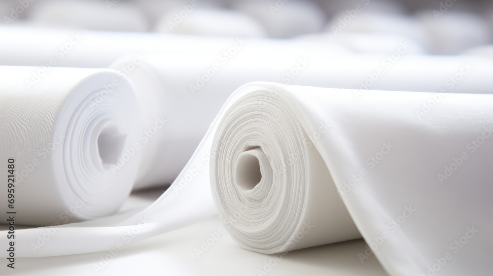Fabric rolls in white color, closeup of fabric rolls for sewing, atelier and handmade. Background for fabric store, accessories for sewing. Fabric rolls in white color, closeup of fabric rolls for sewing, atelier and handmade. Background for fabric store, accessories for sewing.