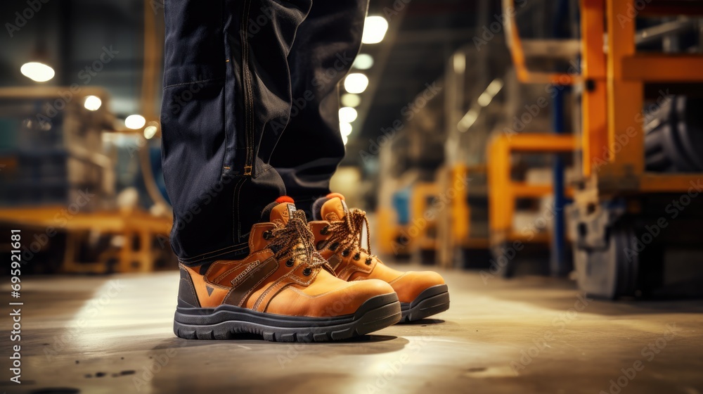 Factory worker wearing safety shoe and working uniform is standing in the factory, ready for working in danger workplace, Safety equipment concept. - obrazy, fototapety, plakaty 