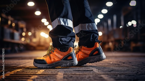 Factory worker wearing safety shoe and working uniform is standing in the factory, ready for working in danger workplace, Safety equipment concept.